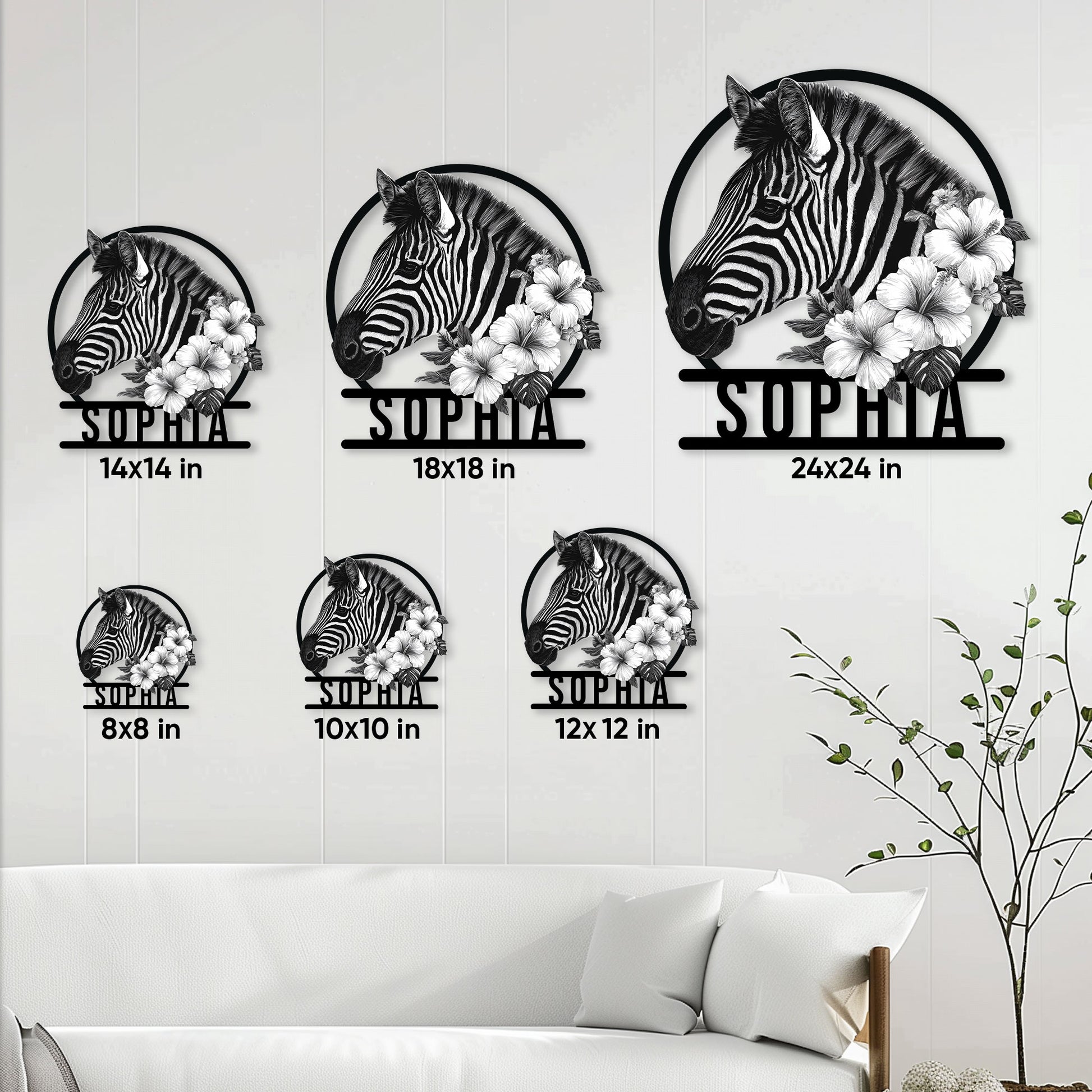 Zebra floral metal sign size guide showing six available square size options for wall decor