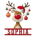 Custom reindeer metal sign featuring a Santa hat, red nose, antlers, and colorful hanging ornaments