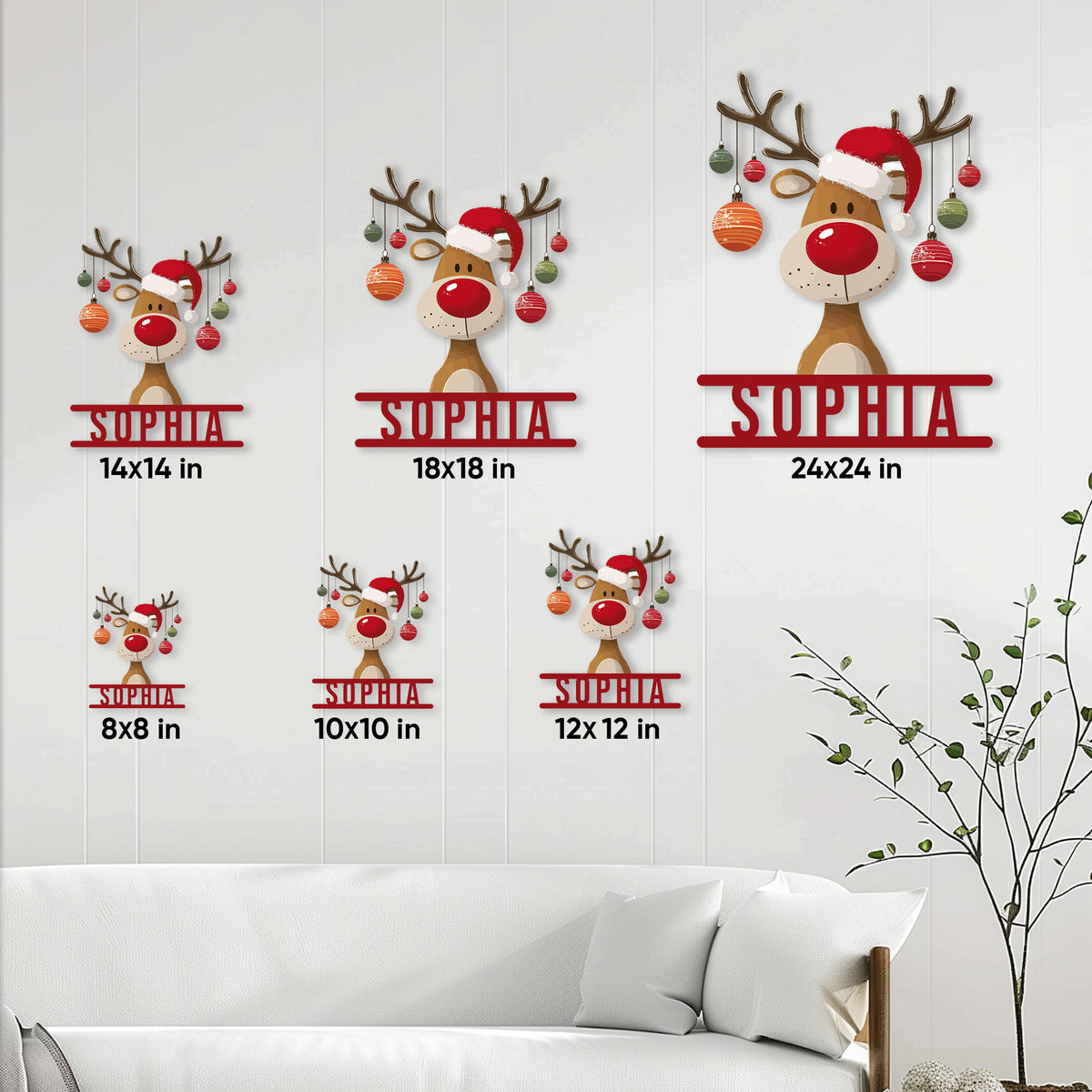 Reindeer Christmas metal sign size guide showing multiple square size options in a living room setting