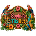 Colorful tiki bar metal sign with parrots, hibiscus flowers, carved tiki mask, surfboard, and tropical foliage