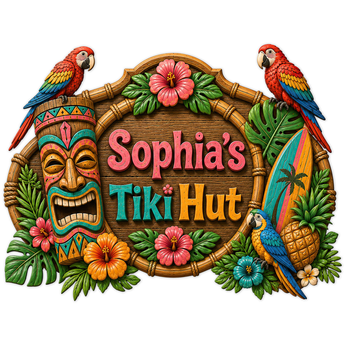 Colorful tiki bar metal sign with parrots, hibiscus flowers, carved tiki mask, surfboard, and tropical foliage