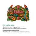 Tropical tiki bar metal sign shown with a cut-metal design and vibrant island artwork