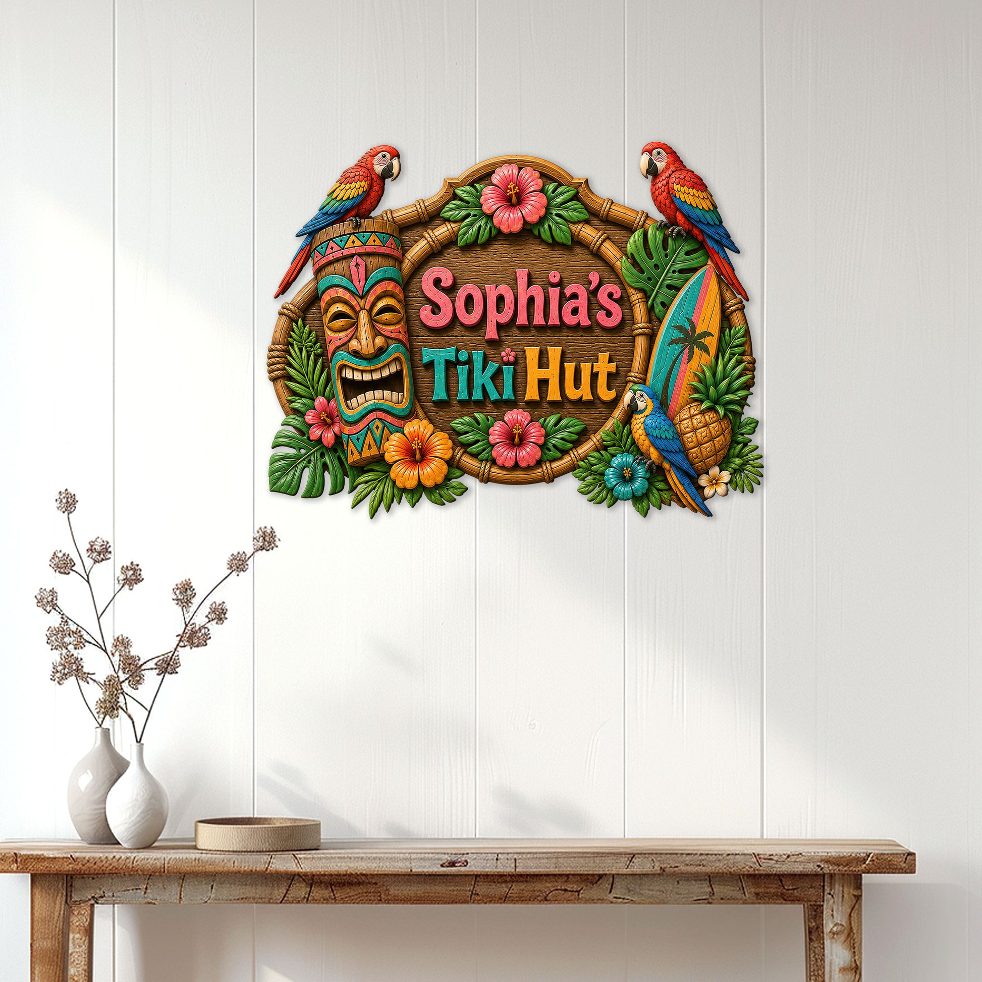 Tiki bar metal wall sign displayed on a light wood-paneled wall above a console table