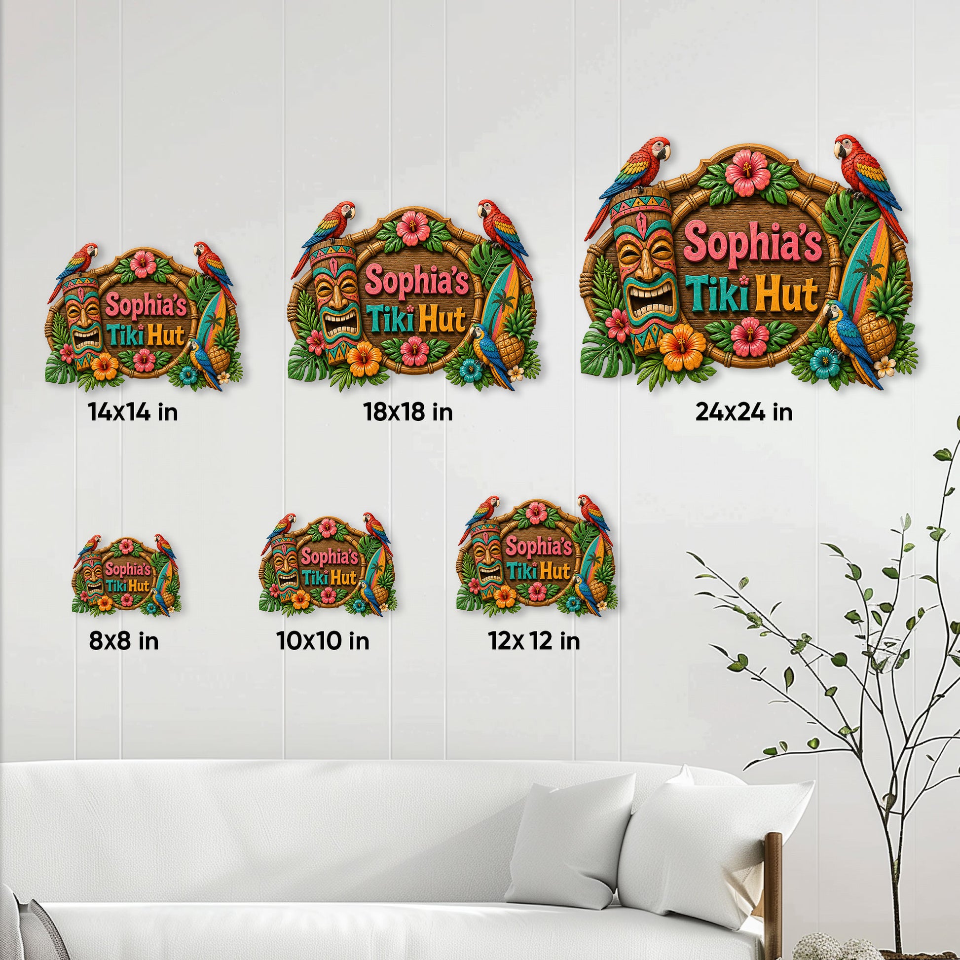 Tiki bar metal sign size guide showing available square sizes from 8x8 to 24x24 inches