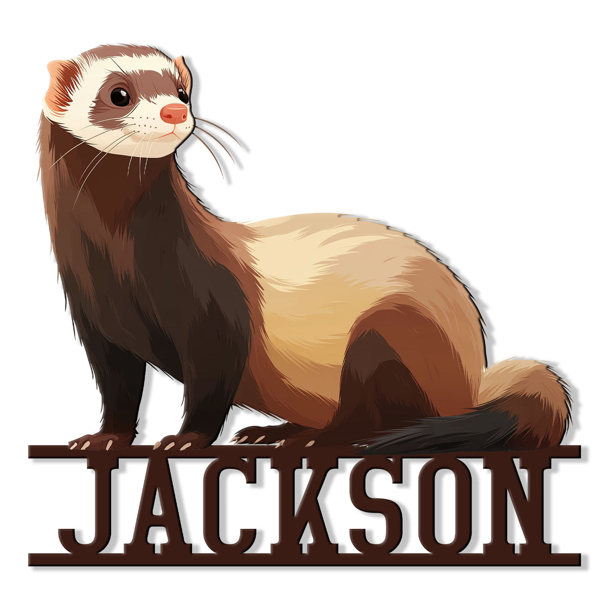 Illustrated brown and cream ferret metal sign with a bold custom design for pet-themed wall decor