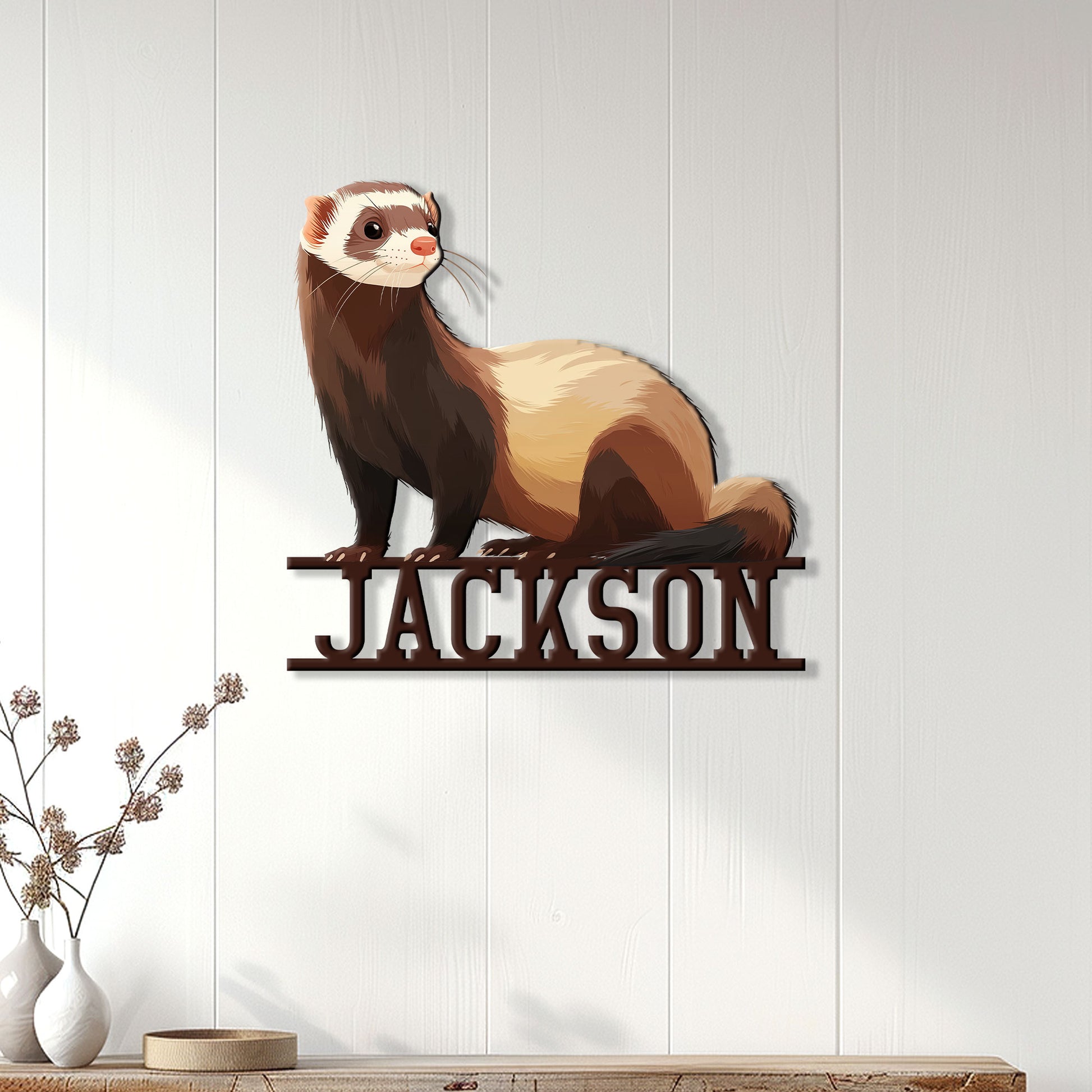 Ferret wall sign displayed on a light paneled wall above a console in a modern home