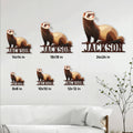 Ferret metal sign size guide showing six available square size options in a living room setting
