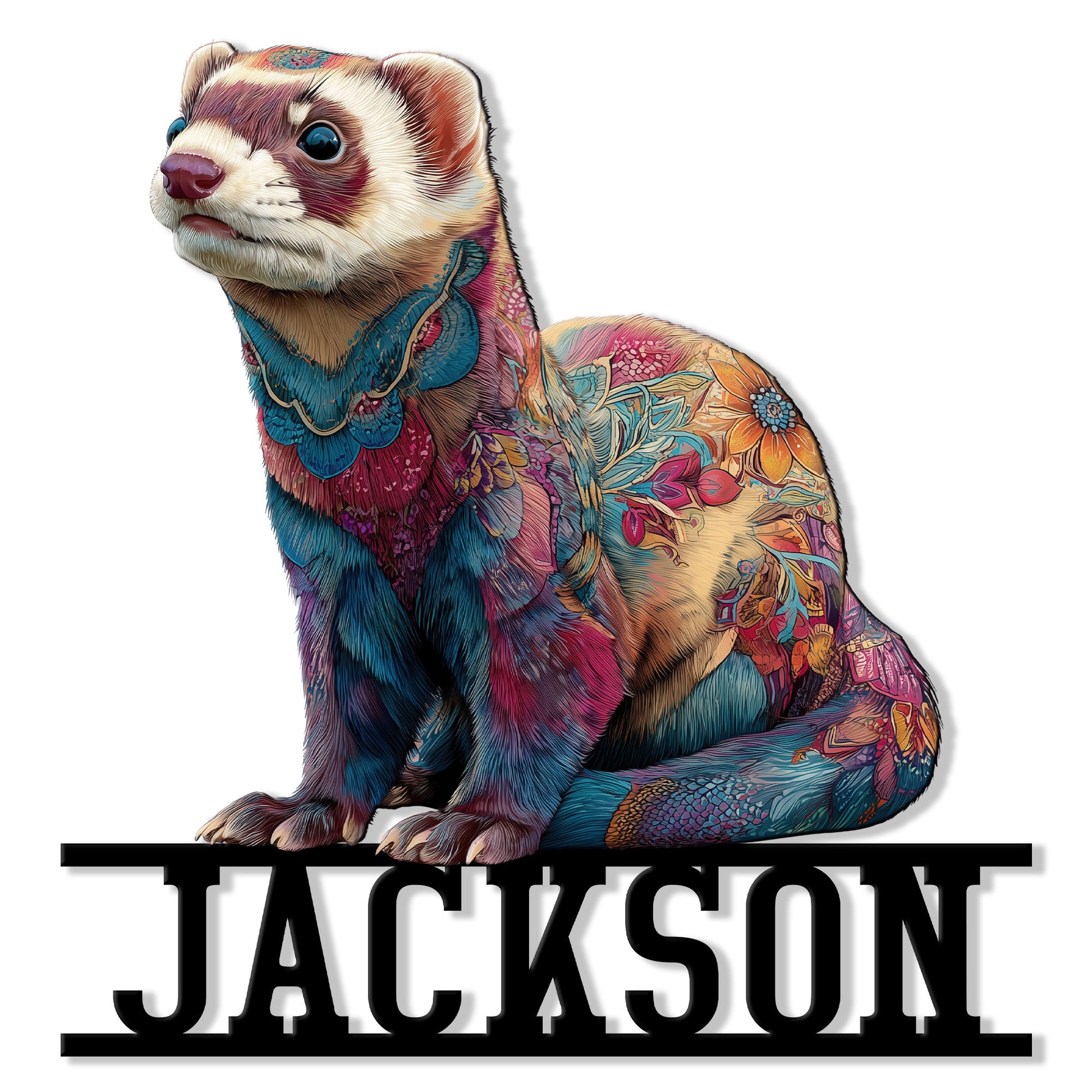 Colorful artistic ferret metal sign featuring a seated ferret with ornate floral-patterned fur