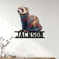 Colorful ferret wall sign displayed on white paneled decor above a console table