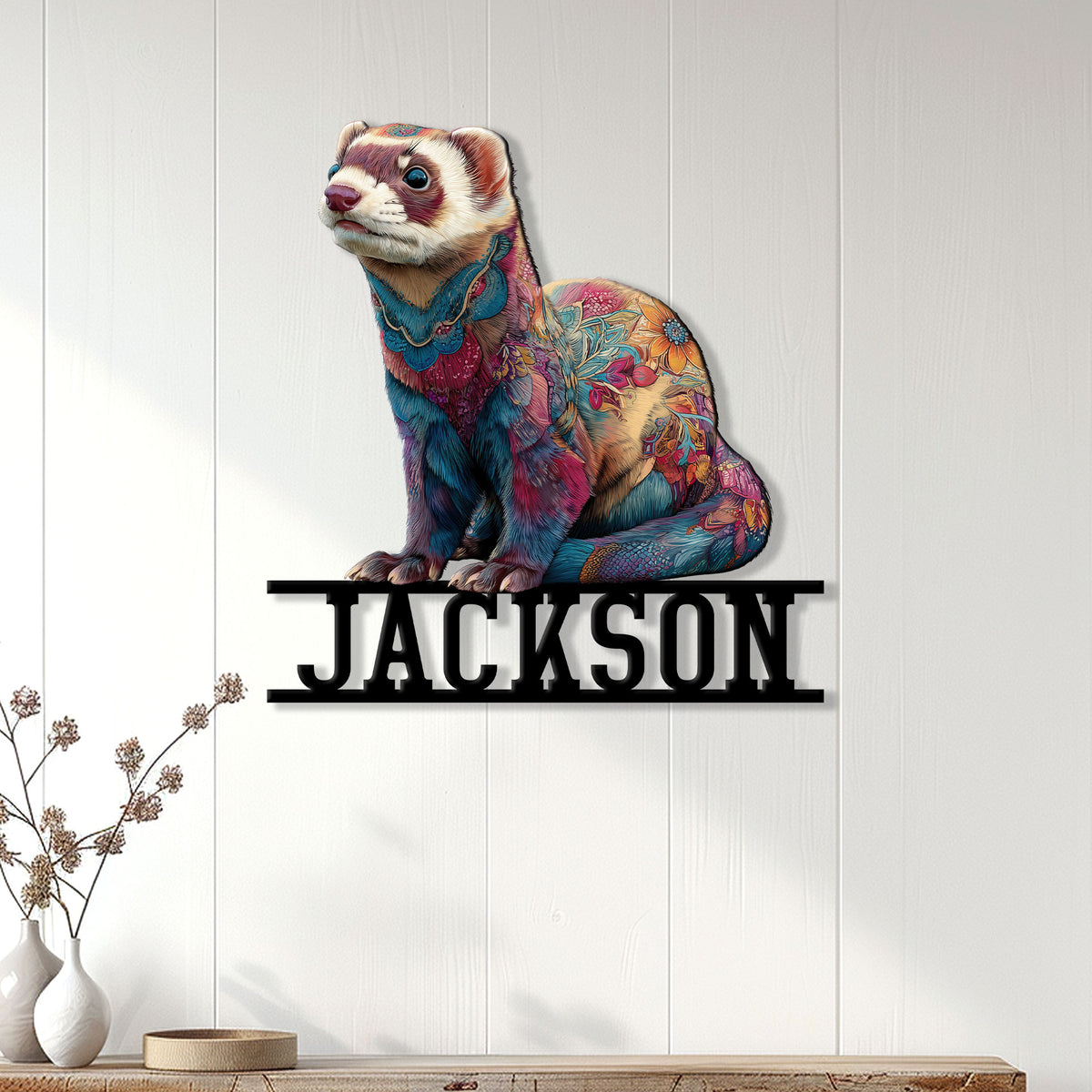 Colorful ferret wall sign displayed on white paneled decor above a console table