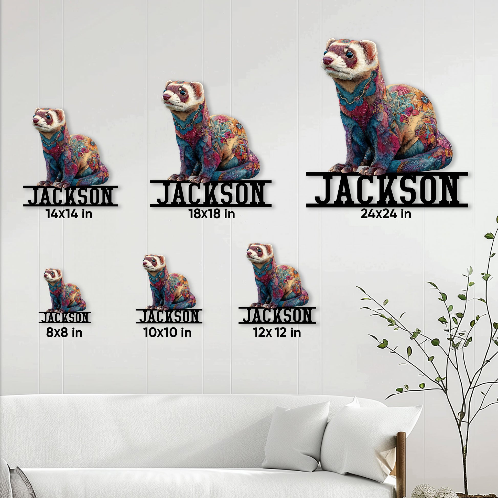 Ferret metal sign size guide displaying six scale options from 8x8 to 24x24 inches