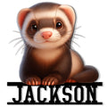 Close-up ferret portrait featured on a bold custom metal sign design for pet lovers