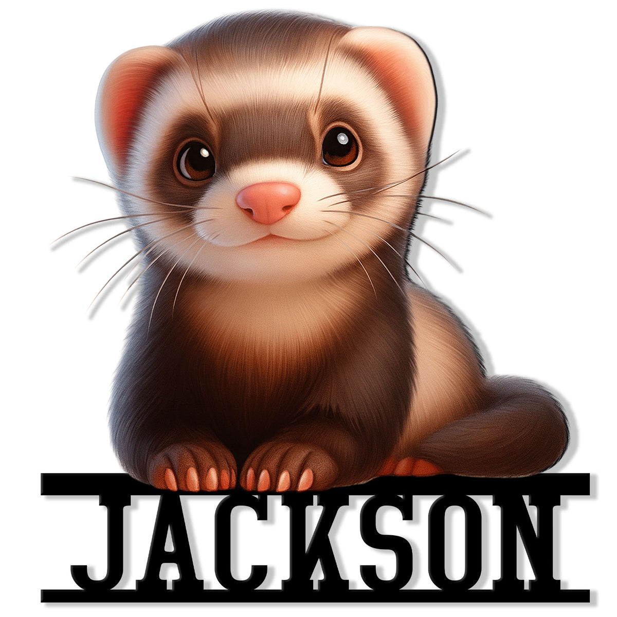 Close-up ferret portrait featured on a bold custom metal sign design for pet lovers