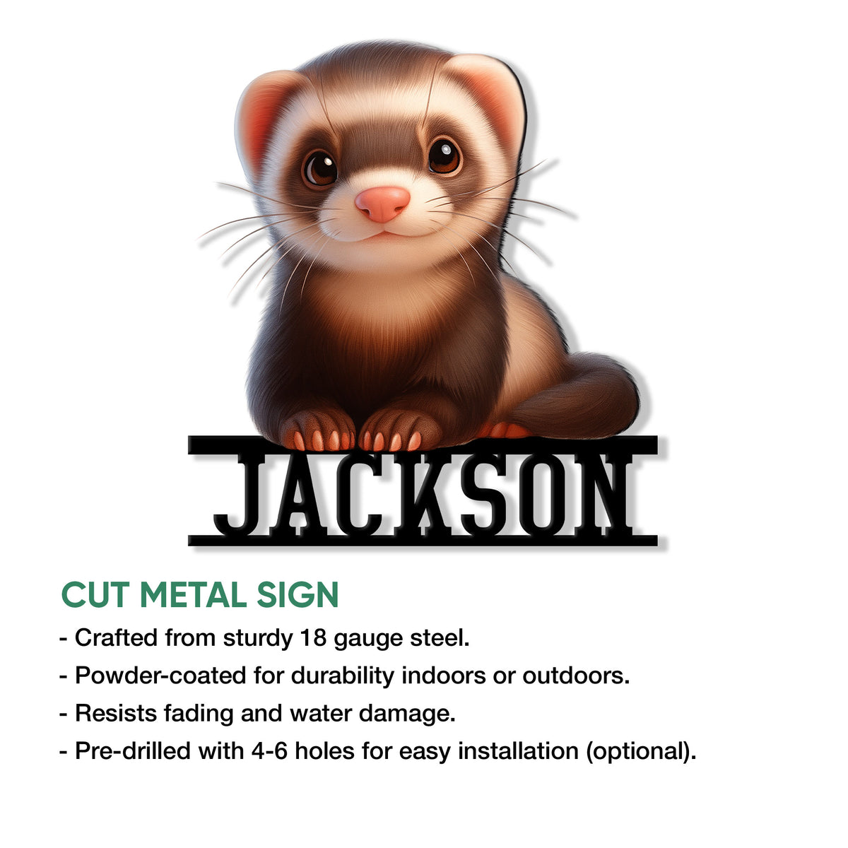 Ferret metal sign product infographic showing the cutout artwork and sign presentation