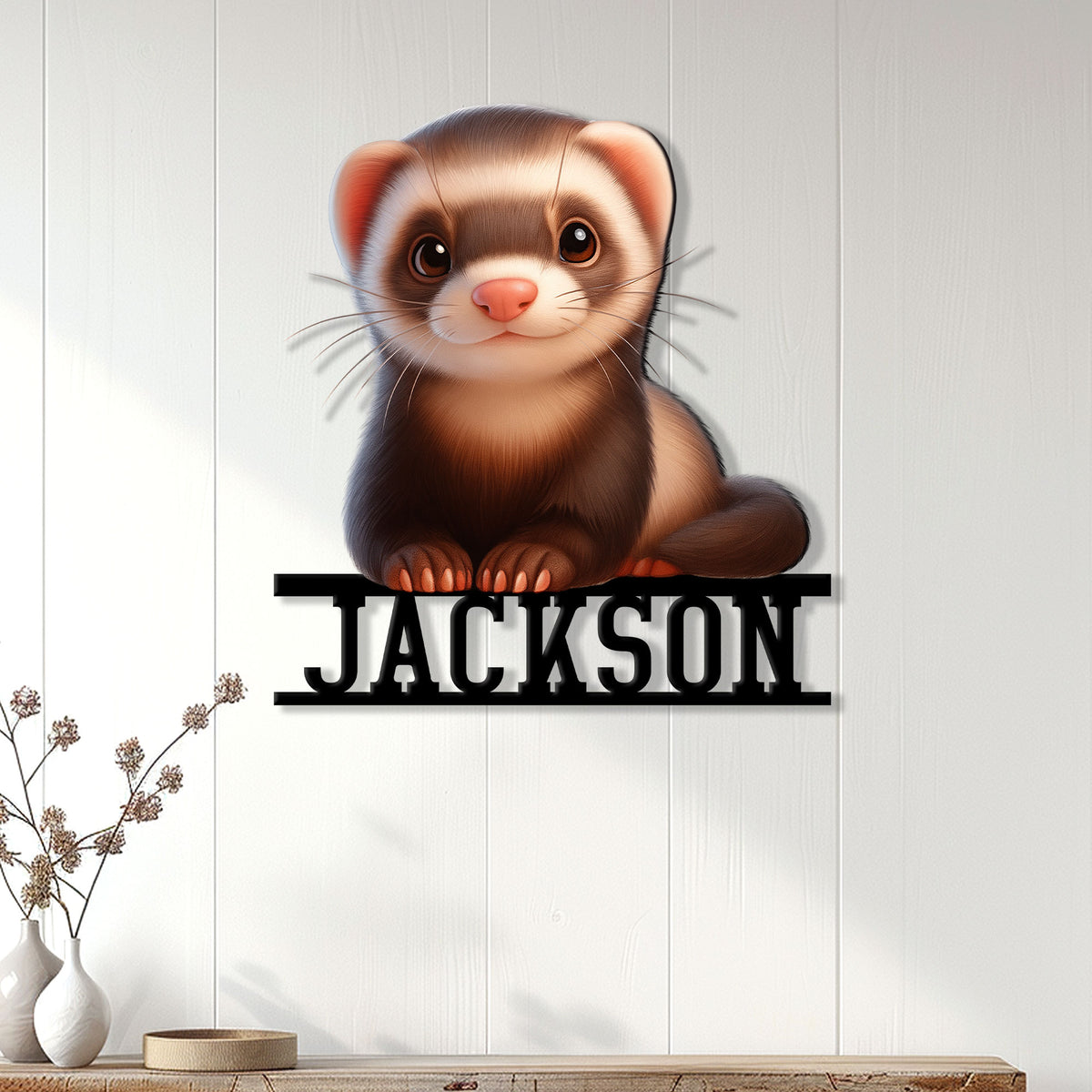 Custom ferret metal sign displayed as wall decor in a bright, modern home interior