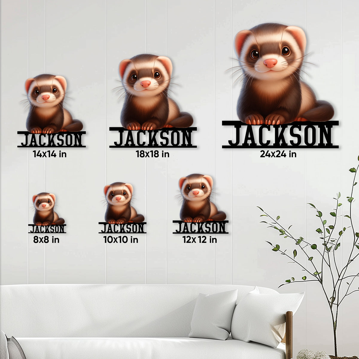 Ferret metal sign size guide showing multiple available size options on a living room wall