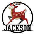 Custom reindeer metal sign featuring a red scarf, snowflake pattern, and circular black frame