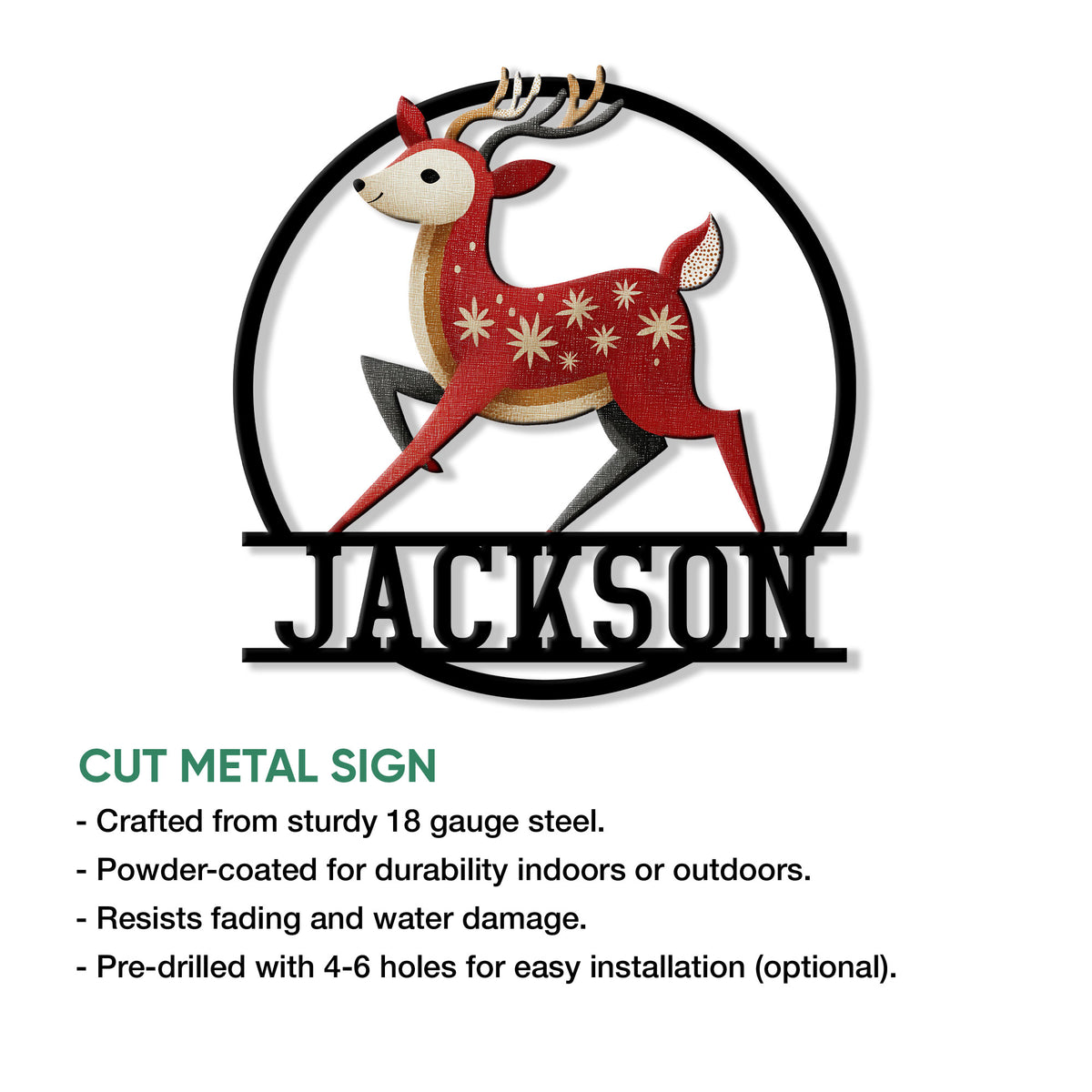 Reindeer metal sign feature graphic showing the cut-metal design and indoor or outdoor display options