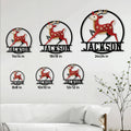 Reindeer metal sign size guide showing multiple dimensions displayed in a bright living room setting