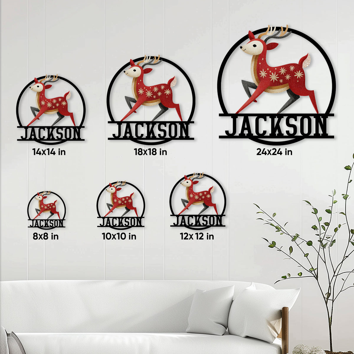 Reindeer metal sign size guide showing multiple dimensions displayed in a bright living room setting