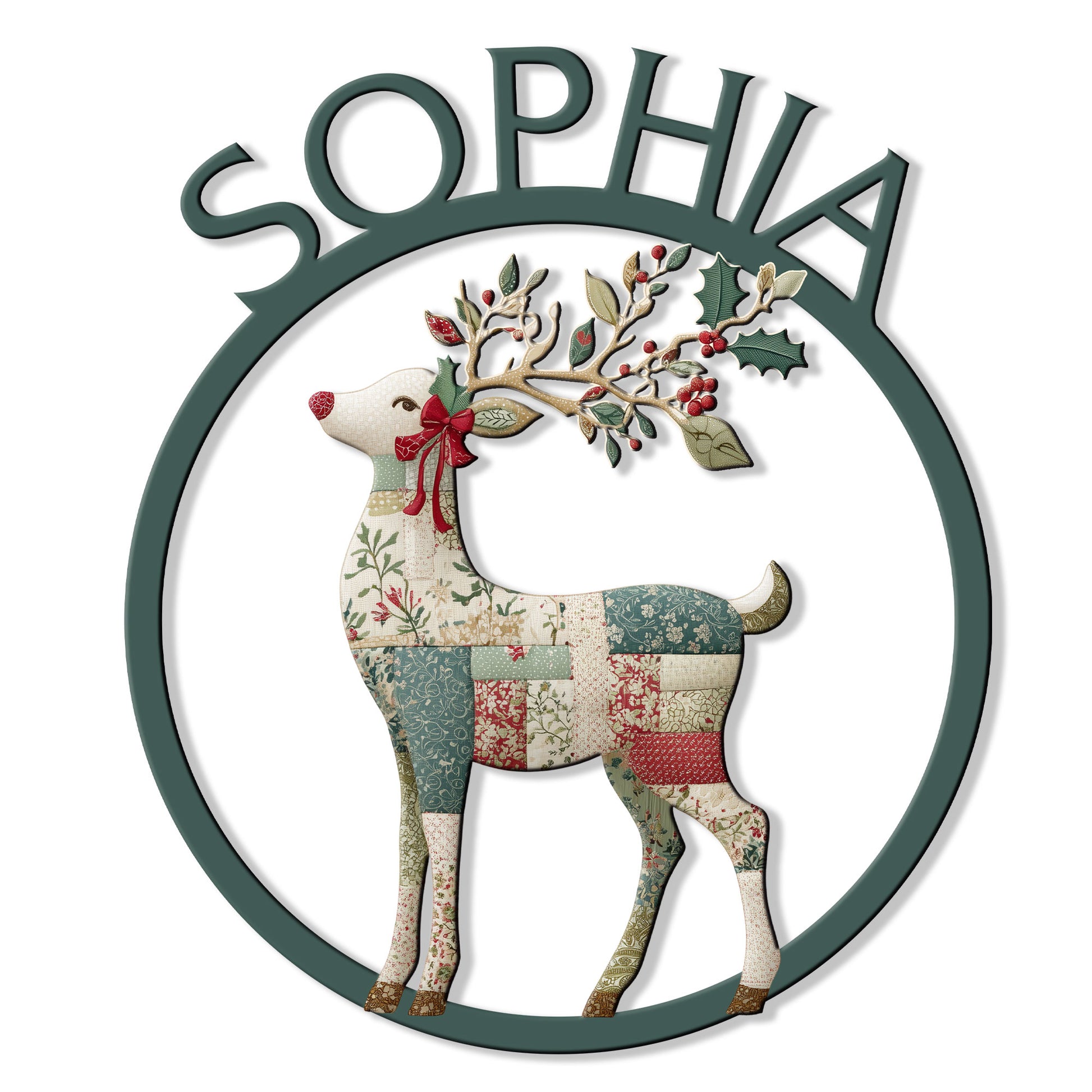 Custom reindeer metal sign with a patchwork-style deer, holly antlers, red bow, and circular frame