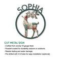 Reindeer metal sign feature graphic showing the cut-metal design and indoor or outdoor display options