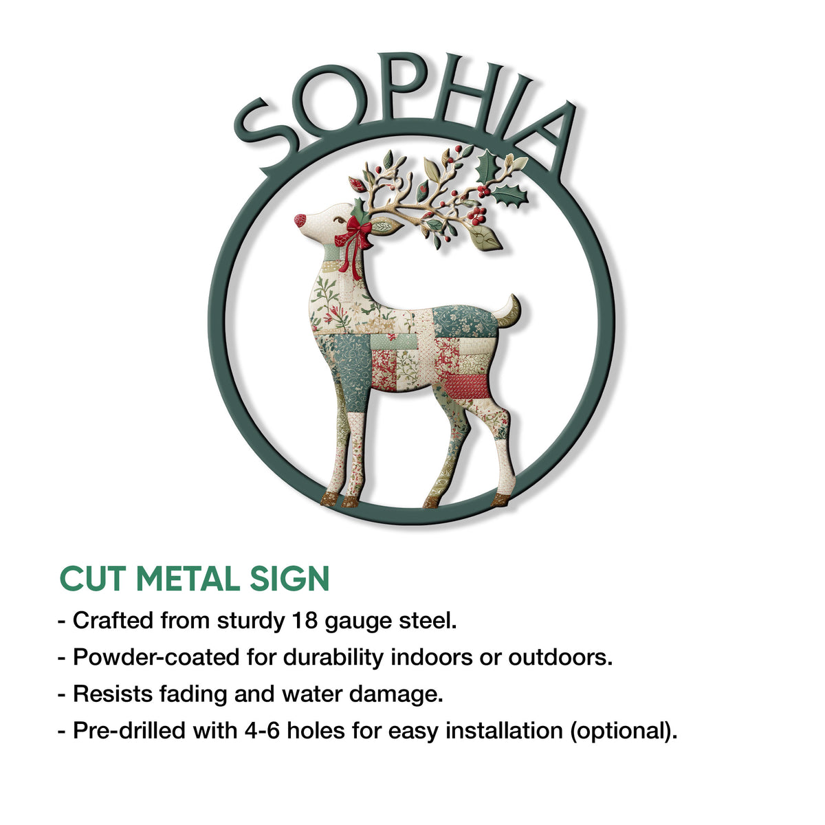 Reindeer metal sign feature graphic showing the cut-metal design and indoor or outdoor display options
