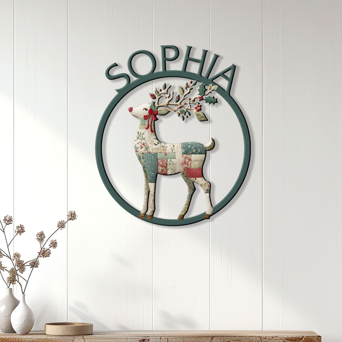 Floral patchwork reindeer metal sign displayed on a white paneled wall in a bright home entryway