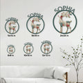 Reindeer metal sign size guide showing six square options from 8x8 to 24x24 inches