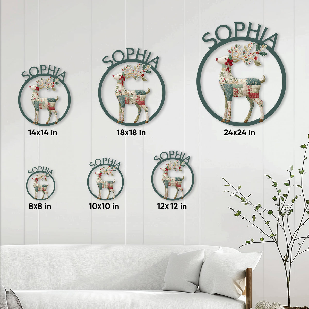 Reindeer metal sign size guide showing six square options from 8x8 to 24x24 inches