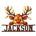 Cute reindeer metal sign featuring glowing Christmas lights on its antlers and a snowy ledge