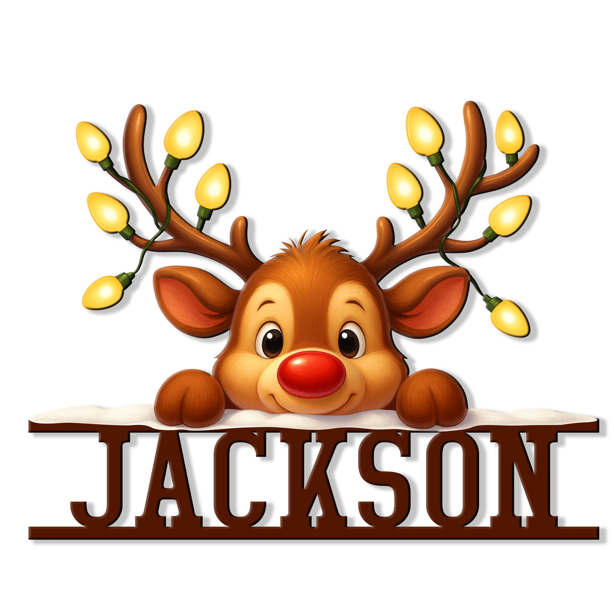 Cute reindeer metal sign featuring glowing Christmas lights on its antlers and a snowy ledge