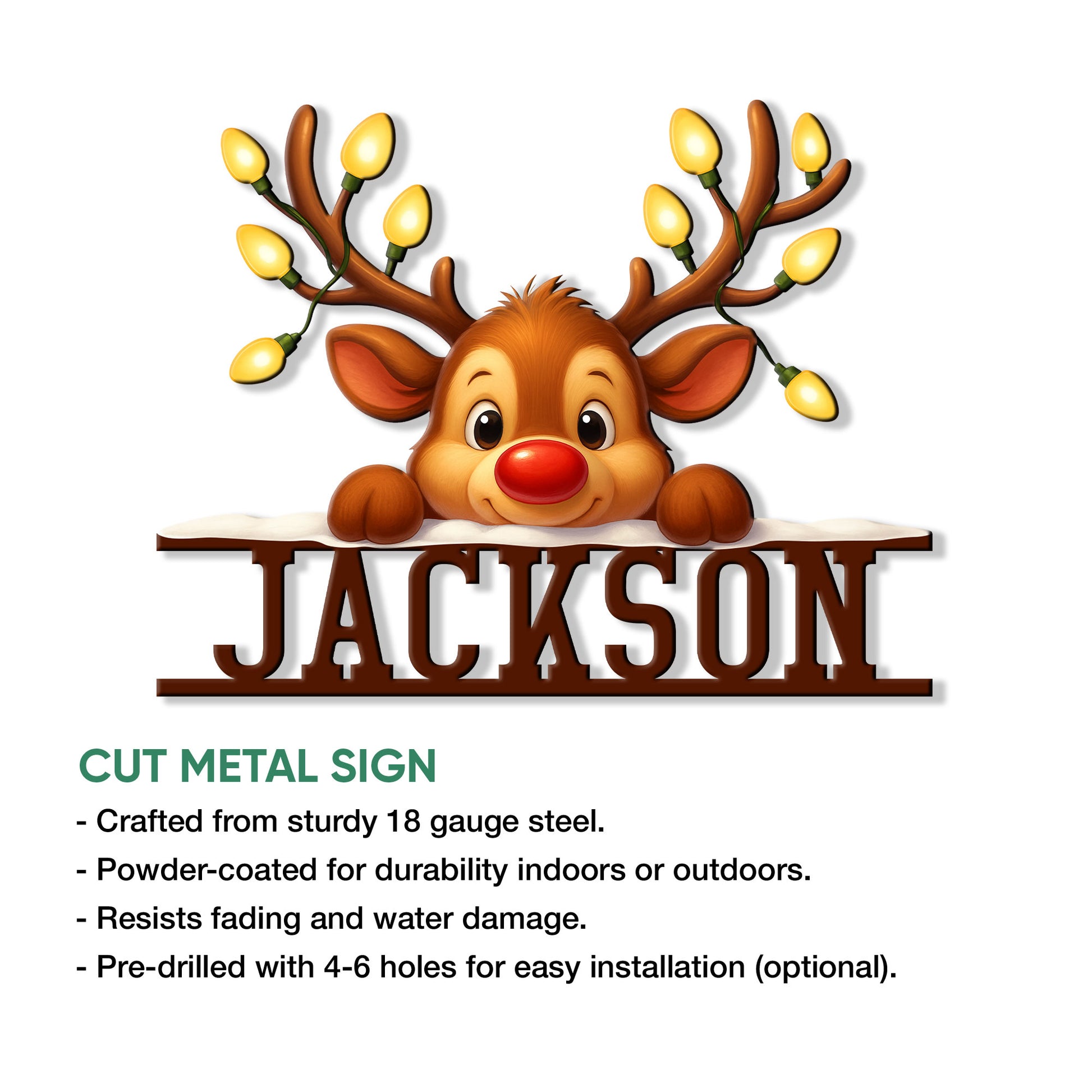 Feature graphic showing a cheerful light-up antler reindeer design on a cut metal sign