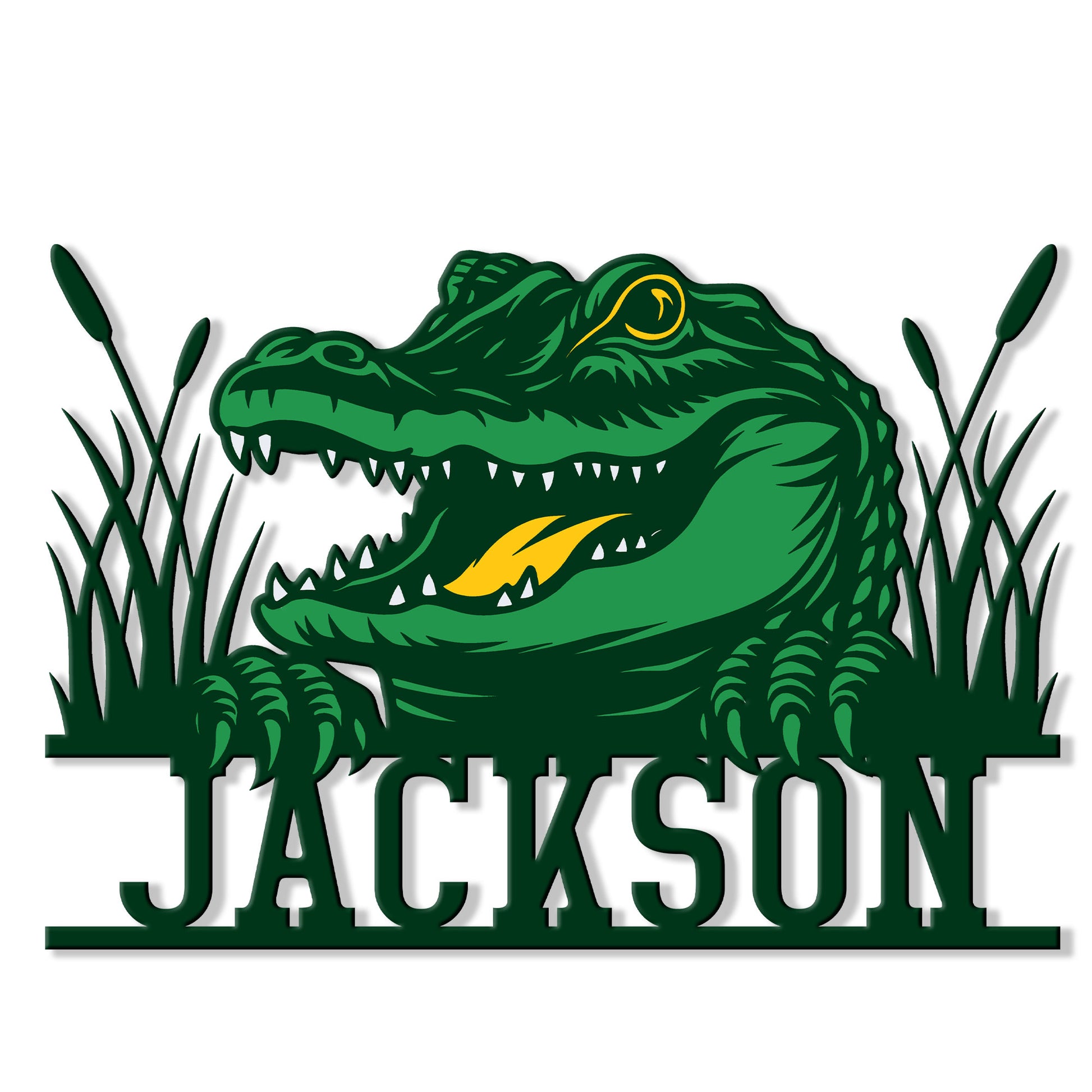 Custom alligator metal sign featuring a fierce green alligator emerging from marsh grass and cattails