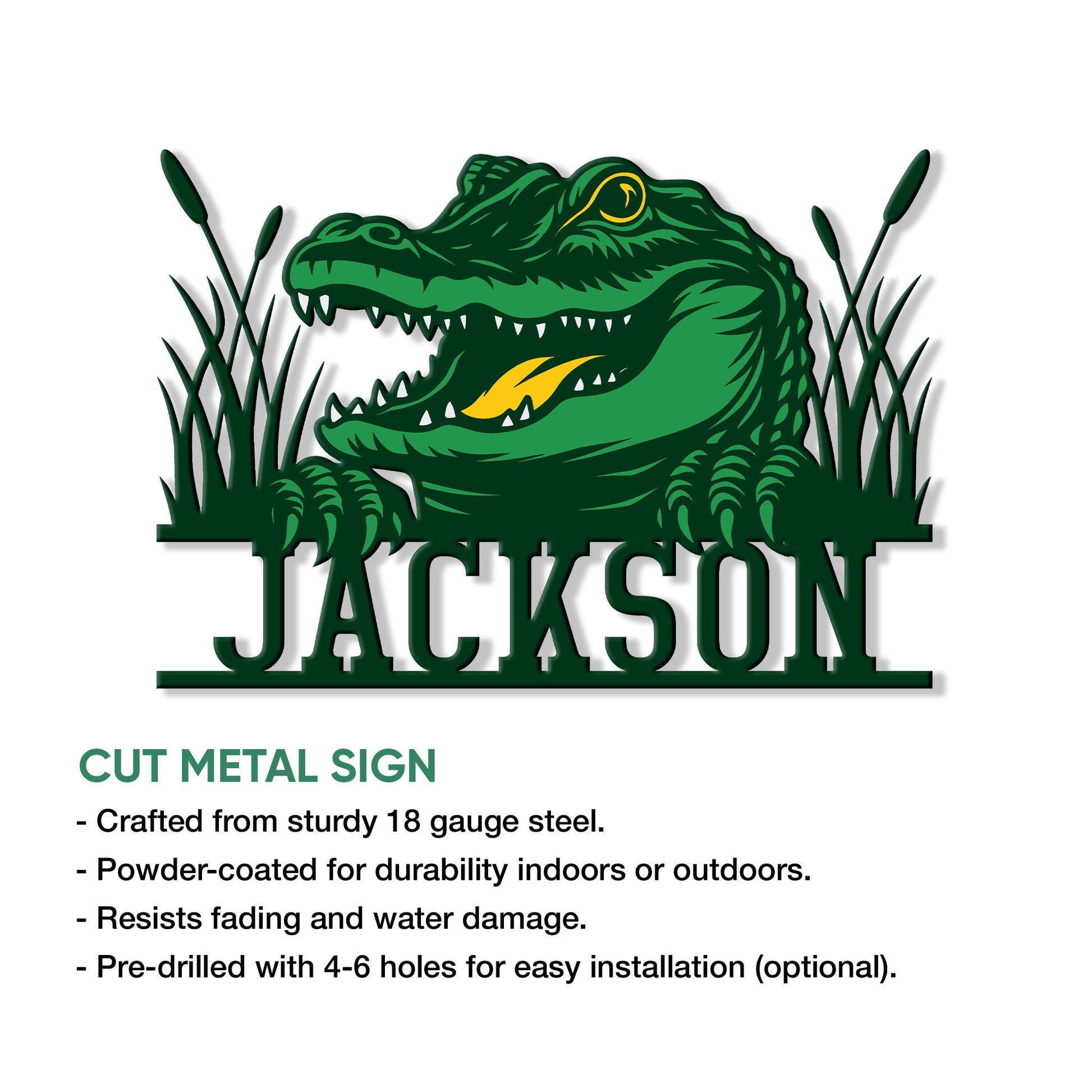 Cut metal alligator sign shown with a bold green swamp alligator design and decorative marsh grass