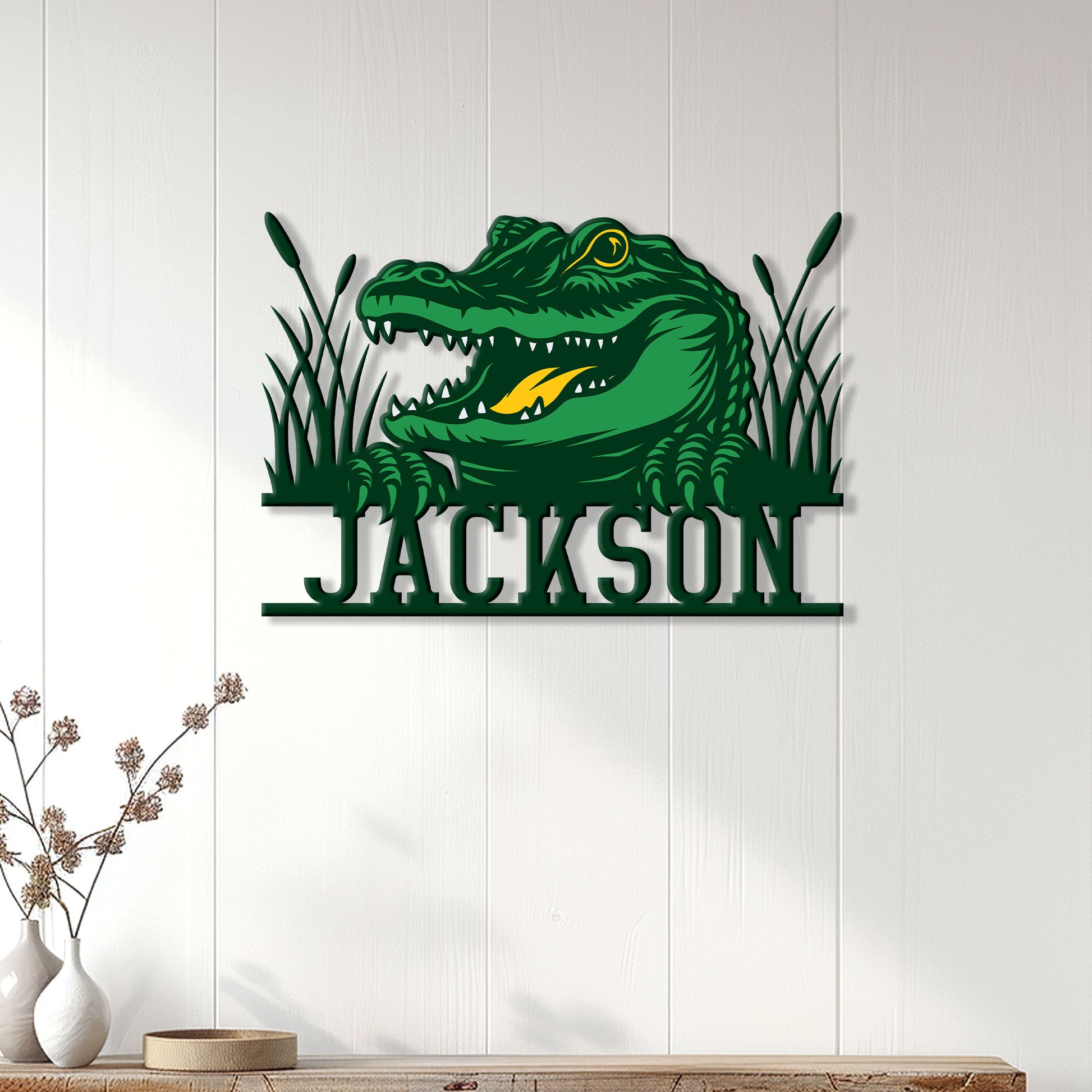 Alligator wall decor displayed on white wood paneling above a console table