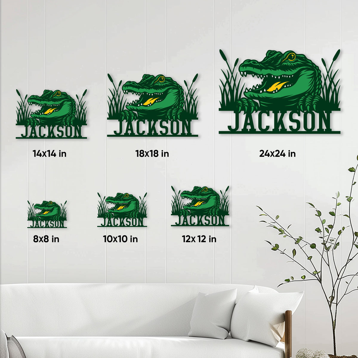 Alligator metal sign size guide showing available square sizes from 8 by 8 to 24 by 24 inches