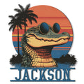 Retro alligator metal sign featuring a sunglasses-wearing gator, palm trees, and a striped sunset