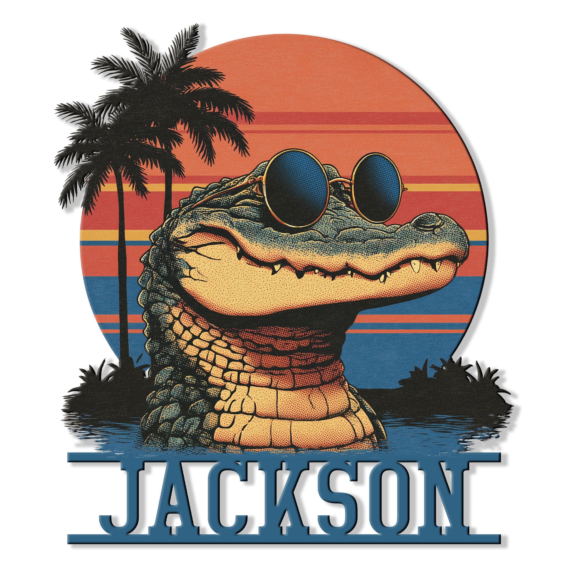 Retro alligator metal sign featuring a sunglasses-wearing gator, palm trees, and a striped sunset