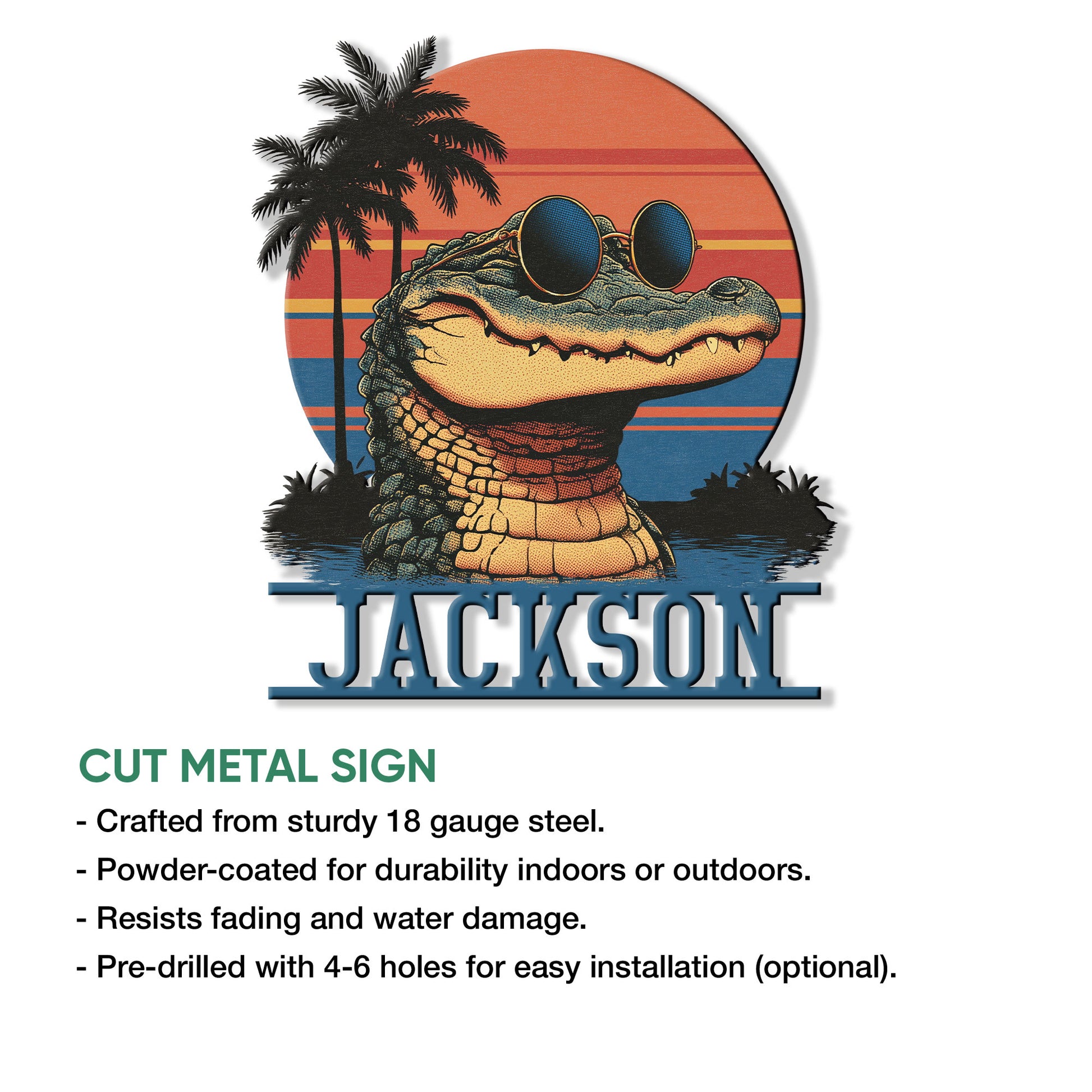 Alligator metal sign feature graphic showing the tropical sunglasses-wearing gator design