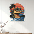 Sunglasses-wearing alligator metal sign displayed as tropical wall decor in a bright room