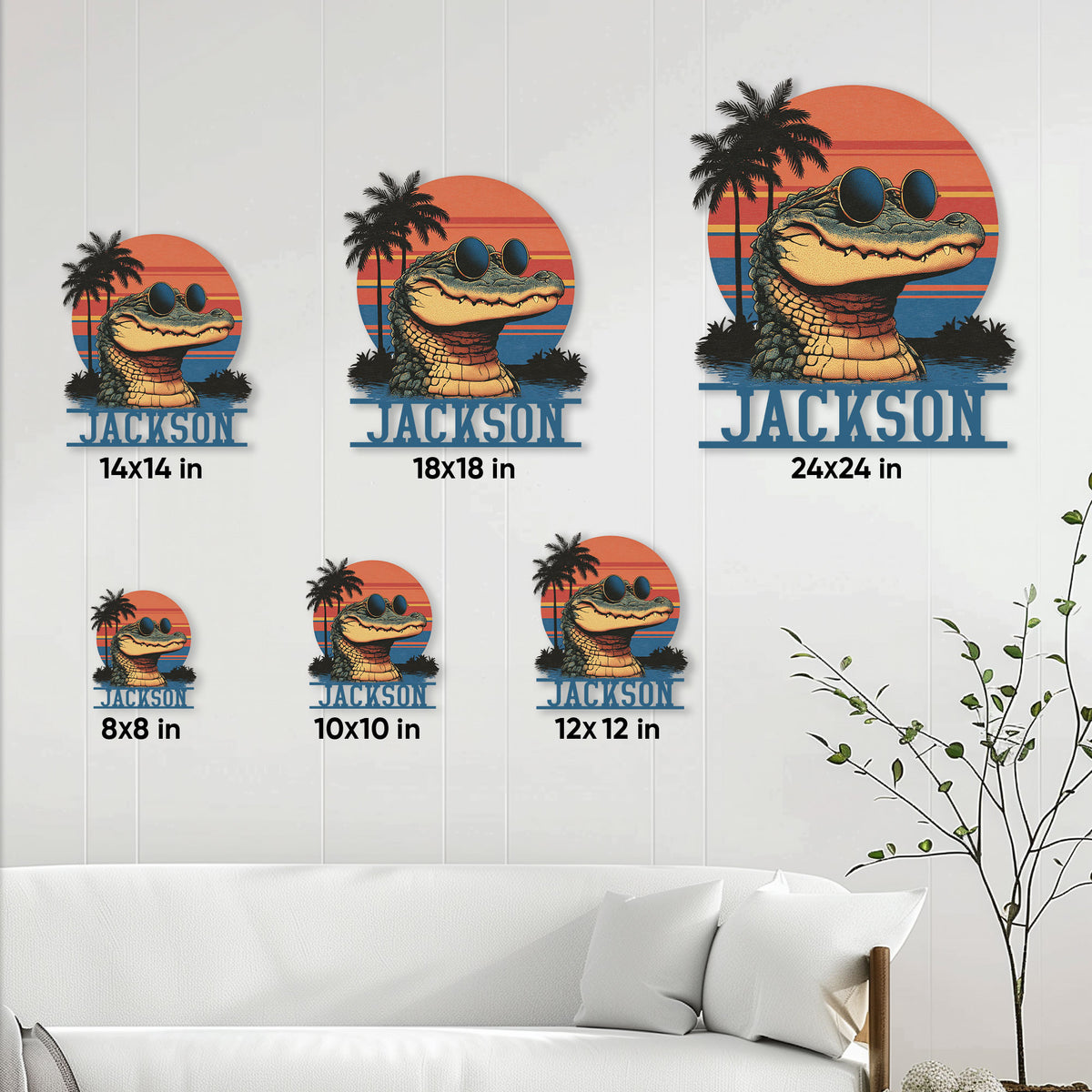 Alligator metal sign size guide showing six square size options in a room setting