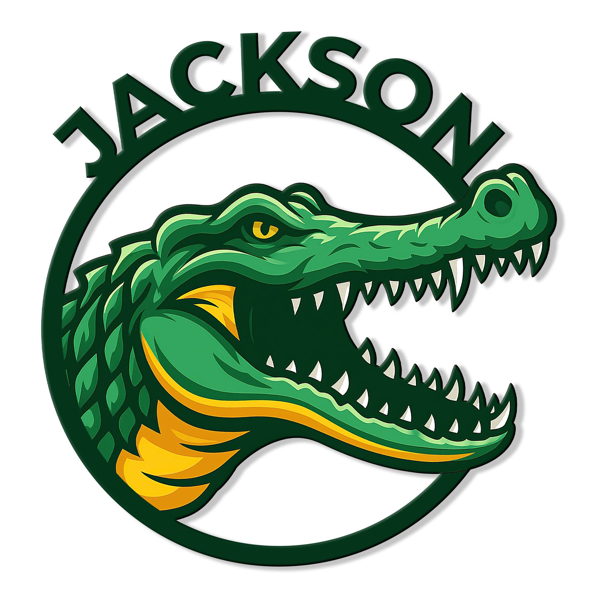 Colorful alligator head metal sign with an open mouth and circular frame