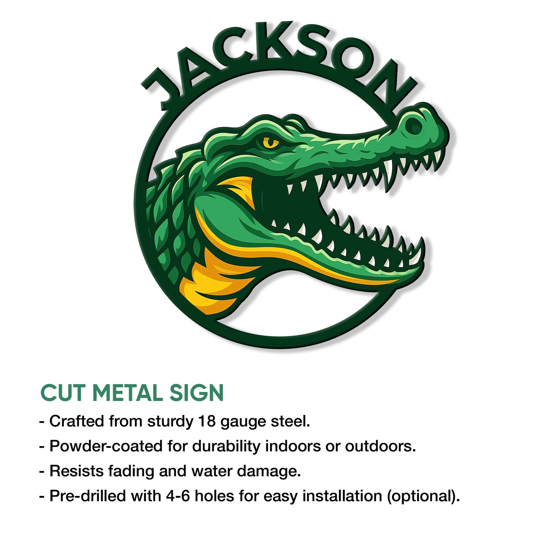 Alligator head cut metal sign shown with bold green and gold artwork