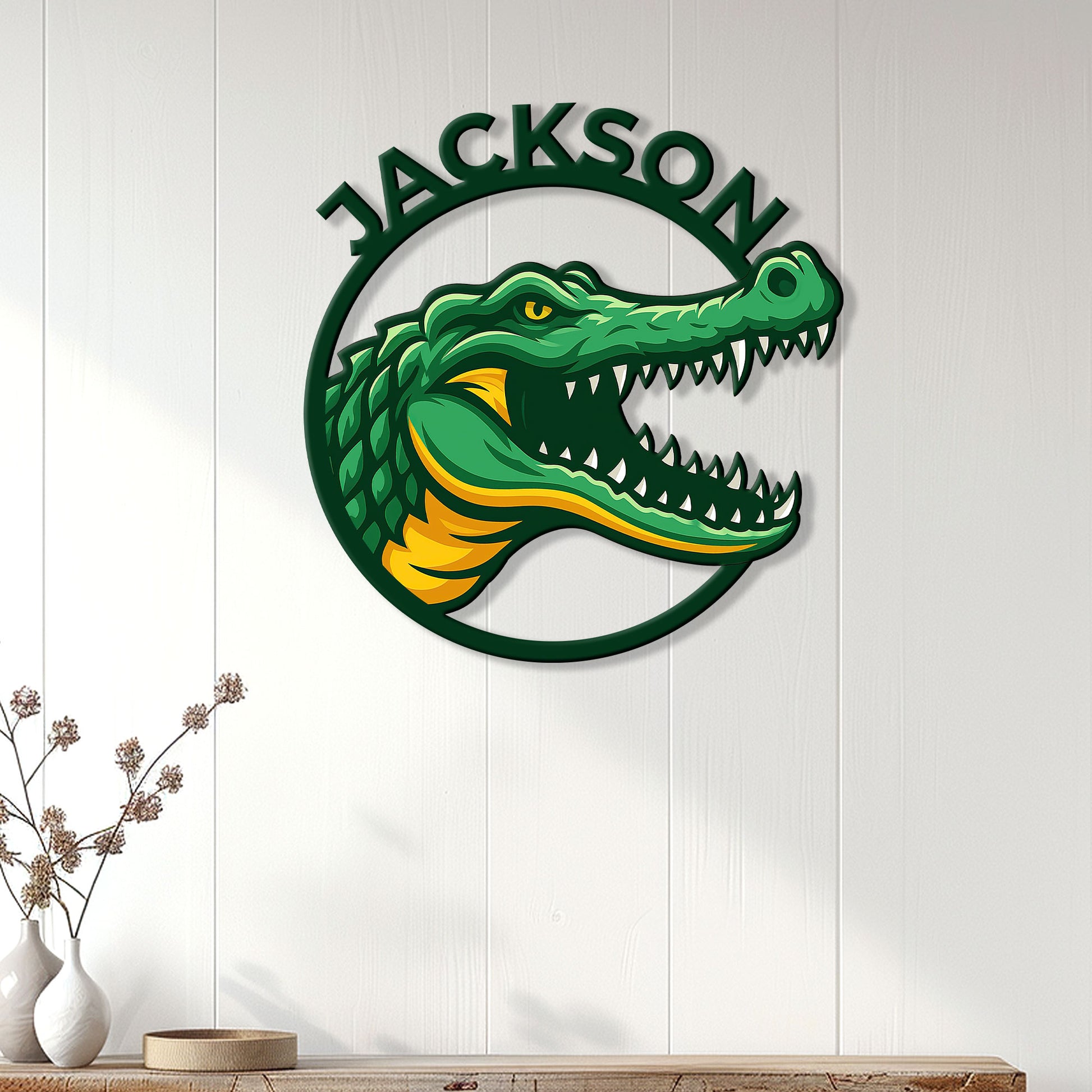 Green alligator wall sign displayed on a bright paneled interior wall