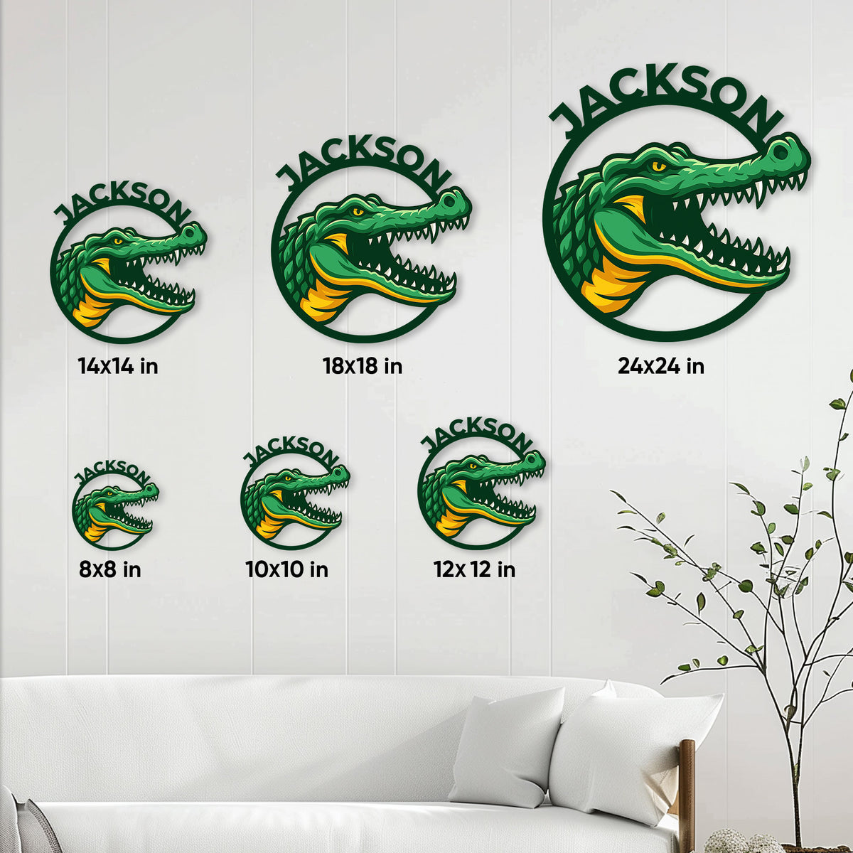 Alligator metal sign size guide showing six available square size options