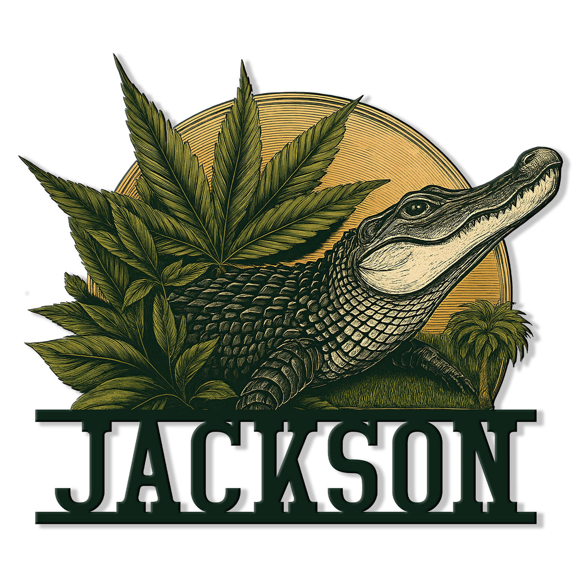 Custom alligator metal sign featuring a detailed reptile portrait surrounded by tropical foliage and a sunset