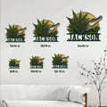 Alligator metal sign size guide displaying multiple available square sizes in a living room setting