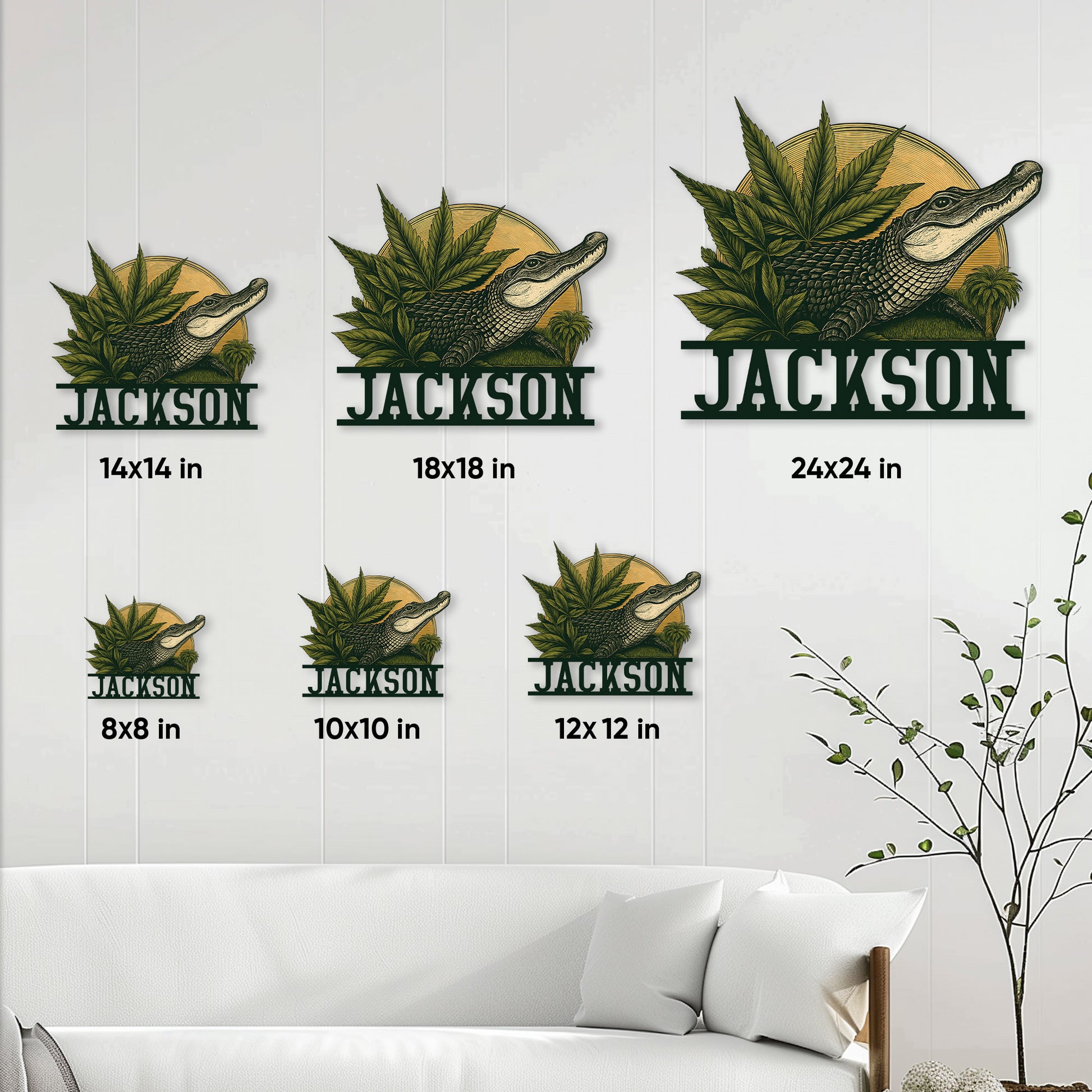 Alligator metal sign size guide displaying multiple available square sizes in a living room setting