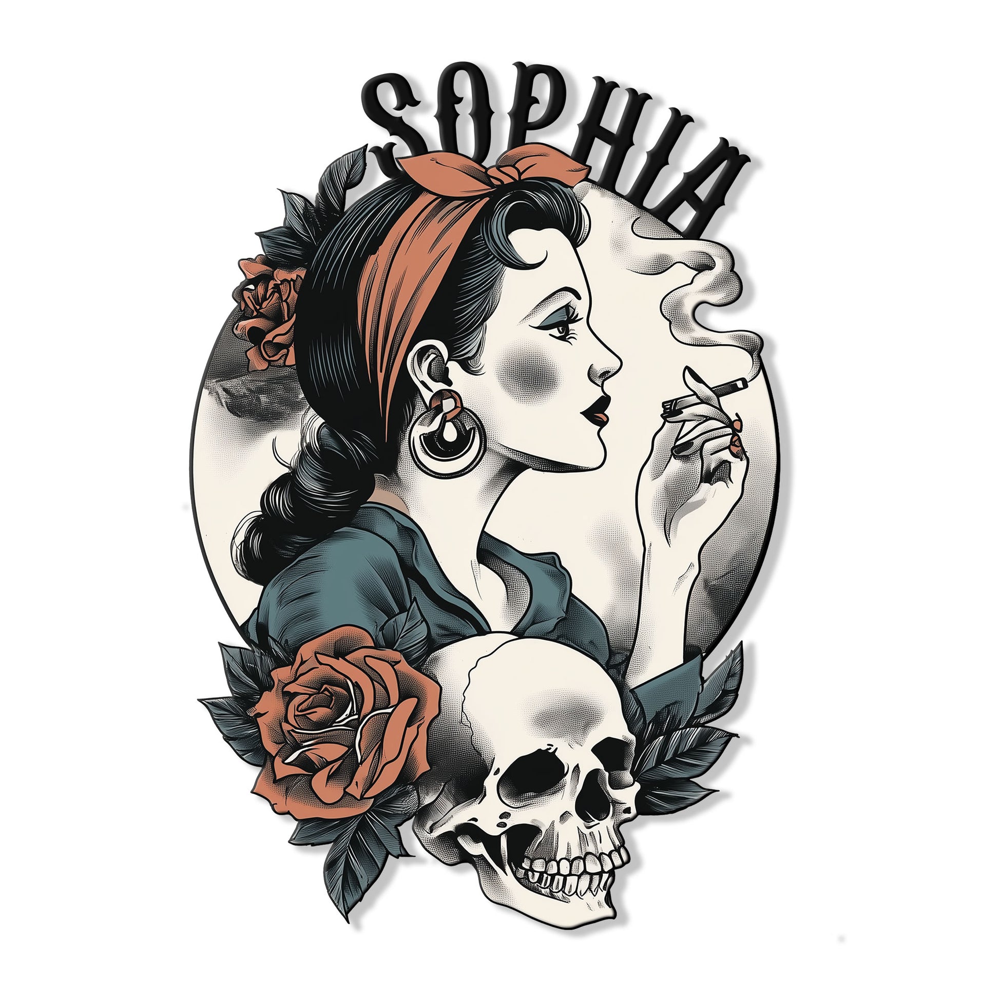 Gothic skull metal sign featuring a vintage pin-up woman, roses, leaves, and bold retro artwork